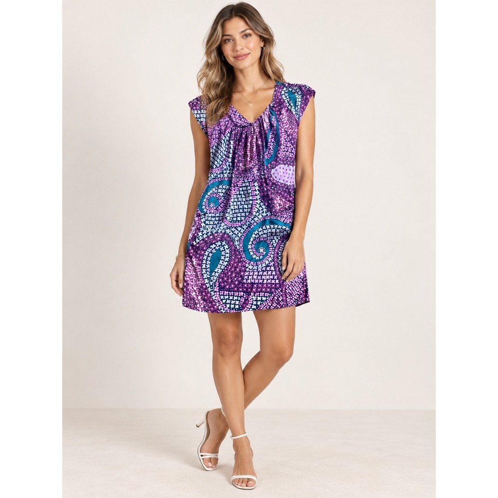 ISA Purple Teal Paisley Floral 100% Silk Sleeveless Tunic Top Size M